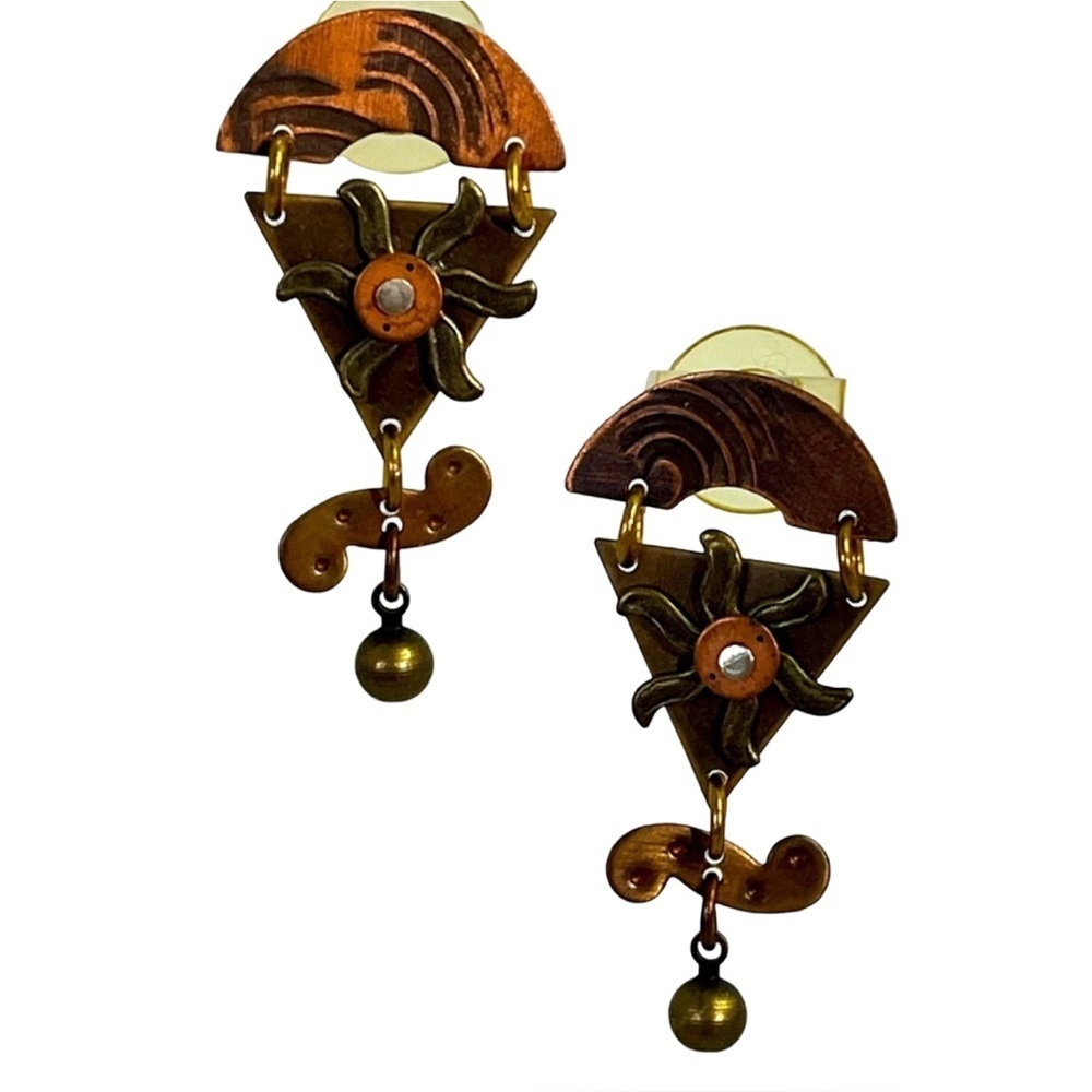 Vintage 80’s Artisan Brass and Copper Tone Geometric Earrings